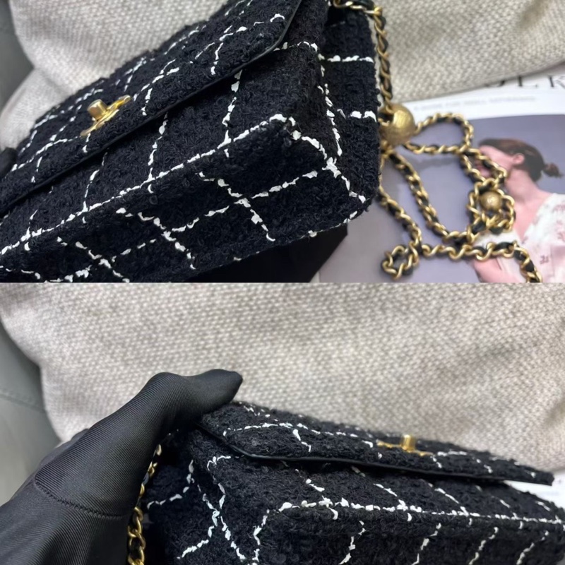 99新 Chanel香奈兒黑白格毛呢金球  芯片款-8