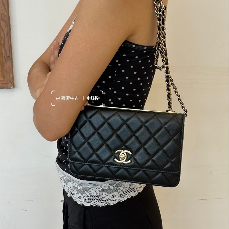 香奈兒CHANEL黑色羊皮淡金釦Trendy CC WOC斜背發財包A80982-6