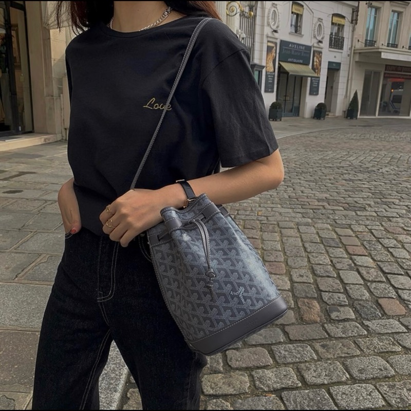 98新Goyard 戈雅Petit Flot灰色老花抽繩水桶包單肩包斜挎包 底15.5cm 22年❤️正品保障-6