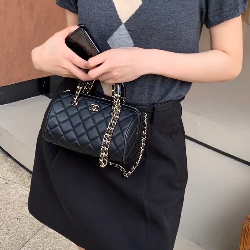 CHANEL香奈兒黑金25C波士頓保齡球手提斜挎包 閒置全配🈶購證-1