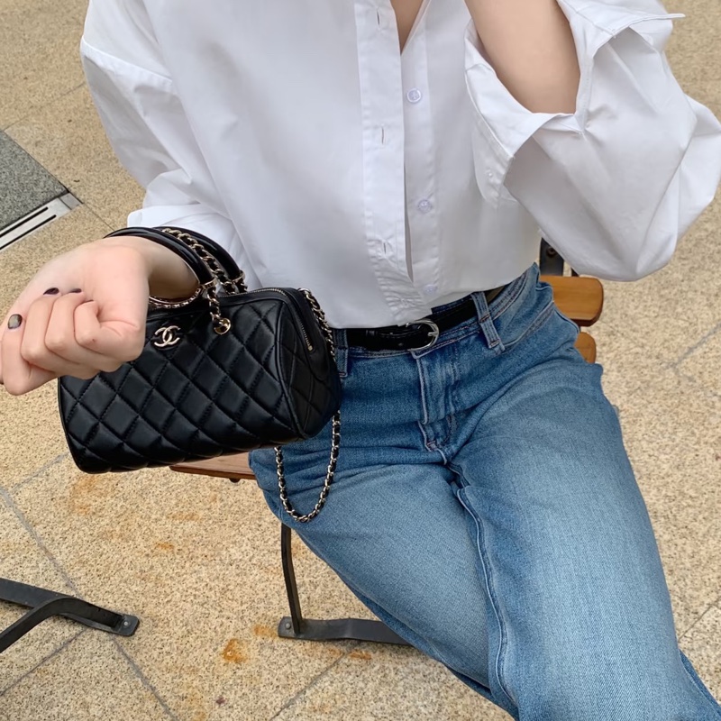 CHANEL香奈兒黑金25C波士頓保齡球手提斜挎包 閒置全配🈶購證-43