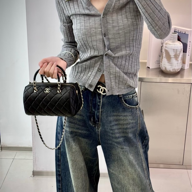 CHANEL香奈兒黑金25C波士頓保齡球手提斜挎包 閒置全配🈶購證-46