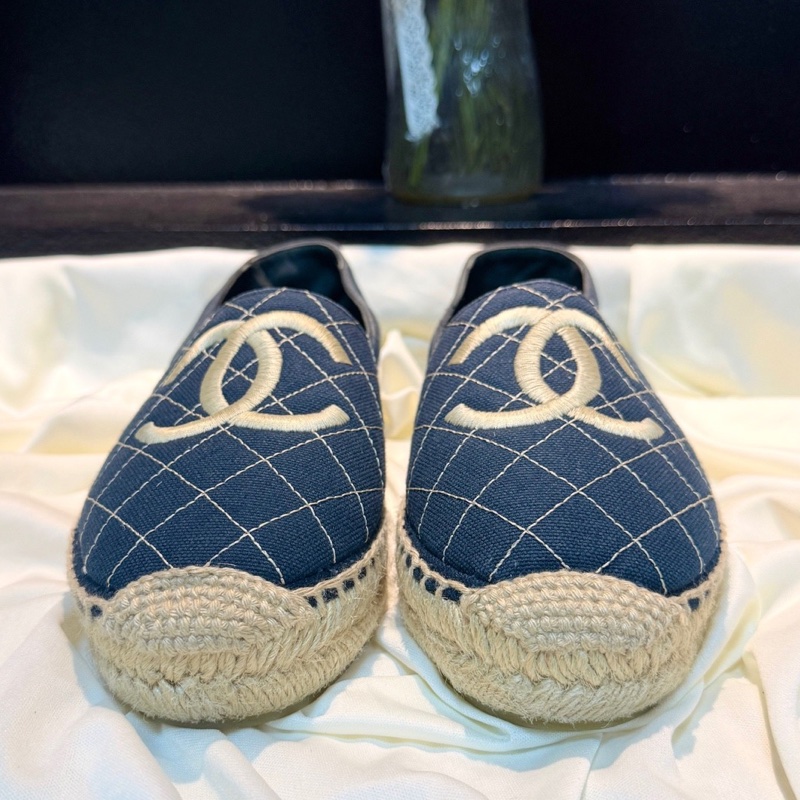 CHANEL/香奈兒 藍色格菱紋雙C刺繡漁夫鞋 37碼-1