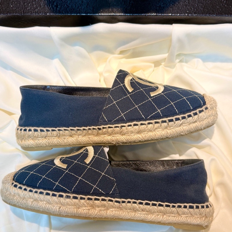 CHANEL/香奈兒 藍色格菱紋雙C刺繡漁夫鞋 37碼-4