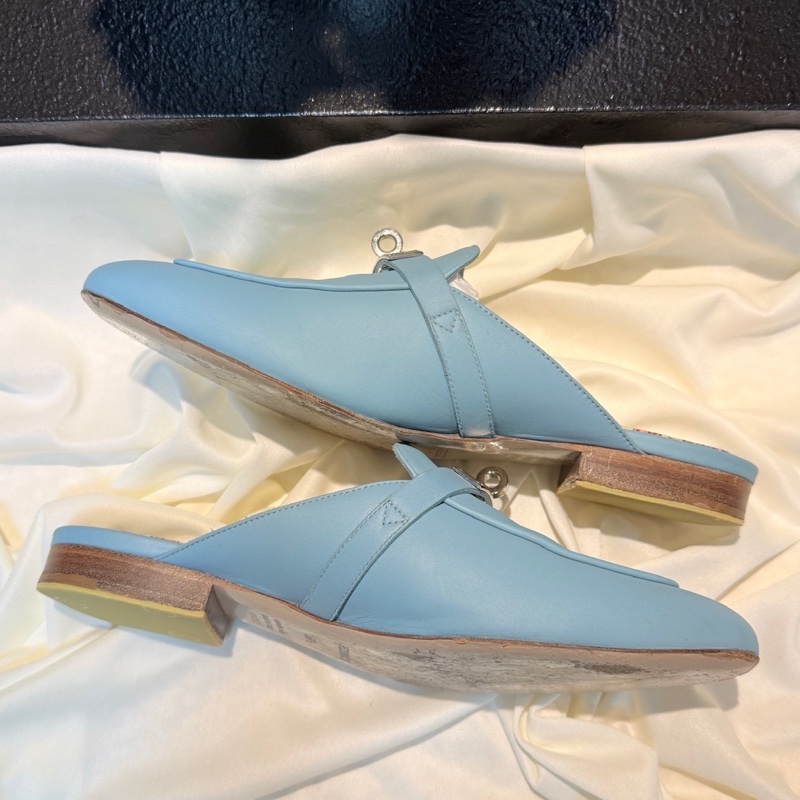 Hermes/愛馬仕 淺藍色Kelly銀扣穆勒拖 36.5碼-3