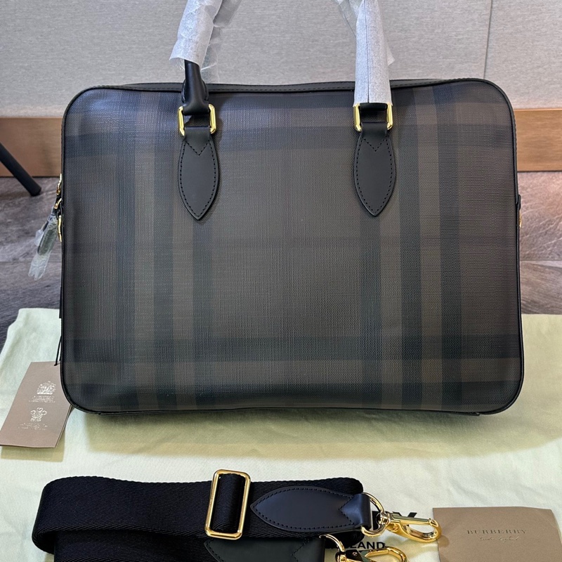 Burberry 博柏利 London 經典格紋公文包 手提單肩斜挎包 PVC拼皮革-0