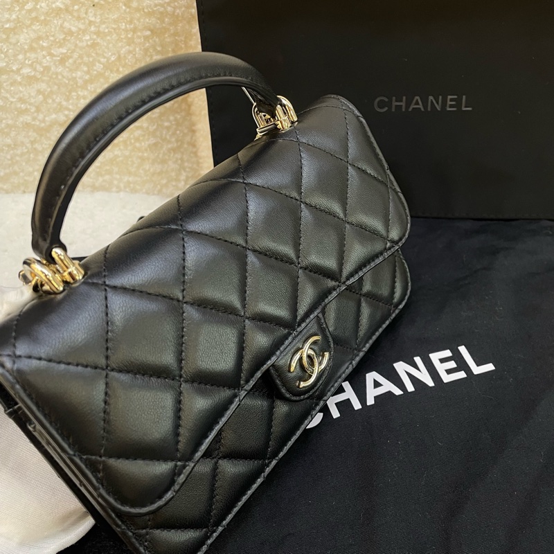 99.8新 香奈兒/Chanel 手柄CF mini手機包 黑金芯片款-5