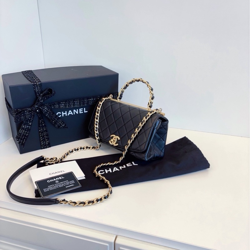 ✨Chanel top handle 黑金手柄郵差包 99新大全配🖤-4
