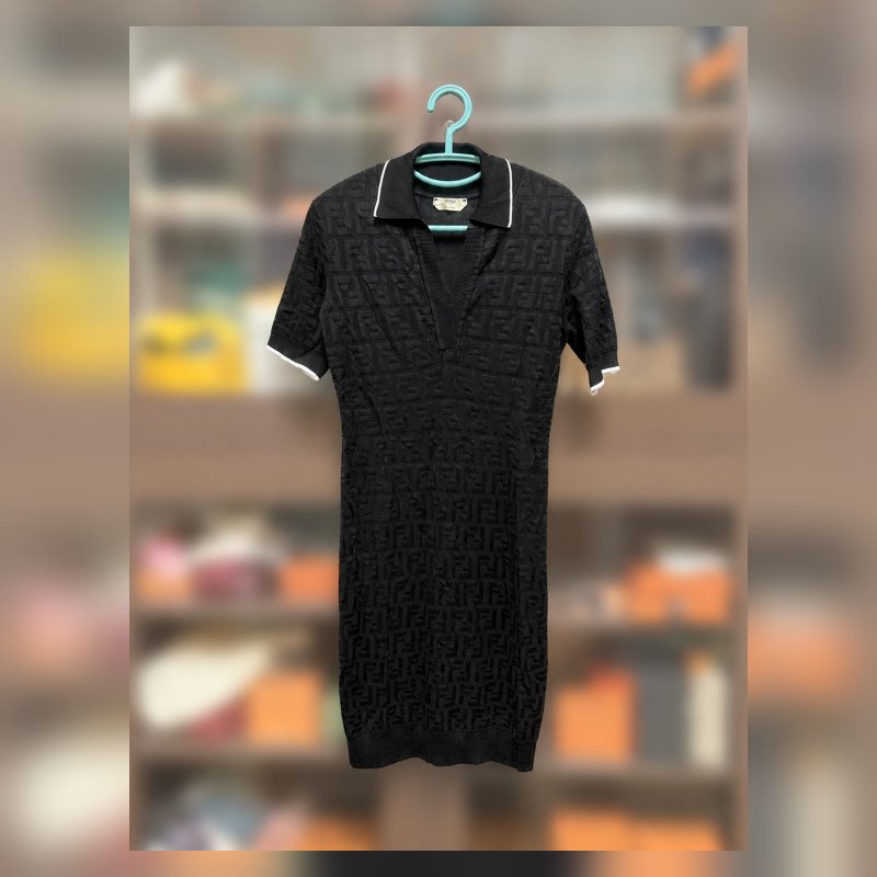 Fendi 全新 logo 老花 針織 黑色 提花  Polo 連身裙 短裙-0