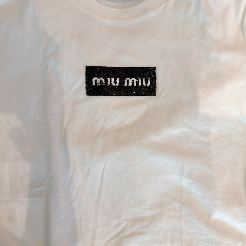 二手精品自賣❤️Miu Miu經典款亮片字母logo白色短T.短袖T恤上衣.近新.XS號-5
