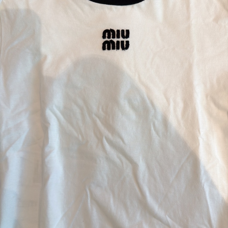 二手精品自賣❤️Miu Miu經典款拼布刺繡字母logo黑白撞色短T.短袖T恤上衣.近新.XS號-10