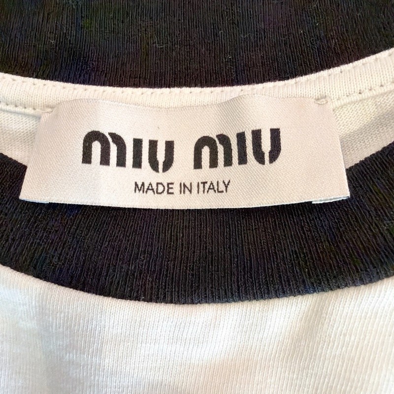 二手精品自賣❤️Miu Miu經典款拼布刺繡字母logo黑白撞色短T.短袖T恤上衣.近新.XS號-14
