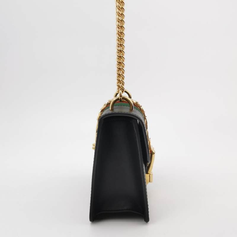 Gucci Sylvie塞爾維亞迷你牛皮帆布拼色金屬扣織帶斜背包肩背包-3