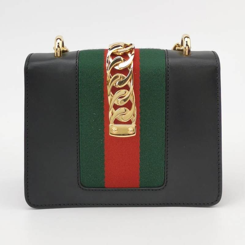 Gucci Sylvie塞爾維亞迷你牛皮帆布拼色金屬扣織帶斜背包肩背包-4