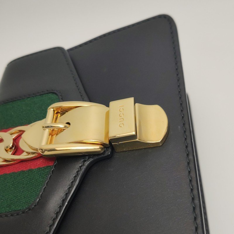 Gucci Sylvie塞爾維亞迷你牛皮帆布拼色金屬扣織帶斜背包肩背包-13