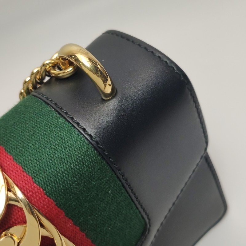 Gucci Sylvie塞爾維亞迷你牛皮帆布拼色金屬扣織帶斜背包肩背包-18