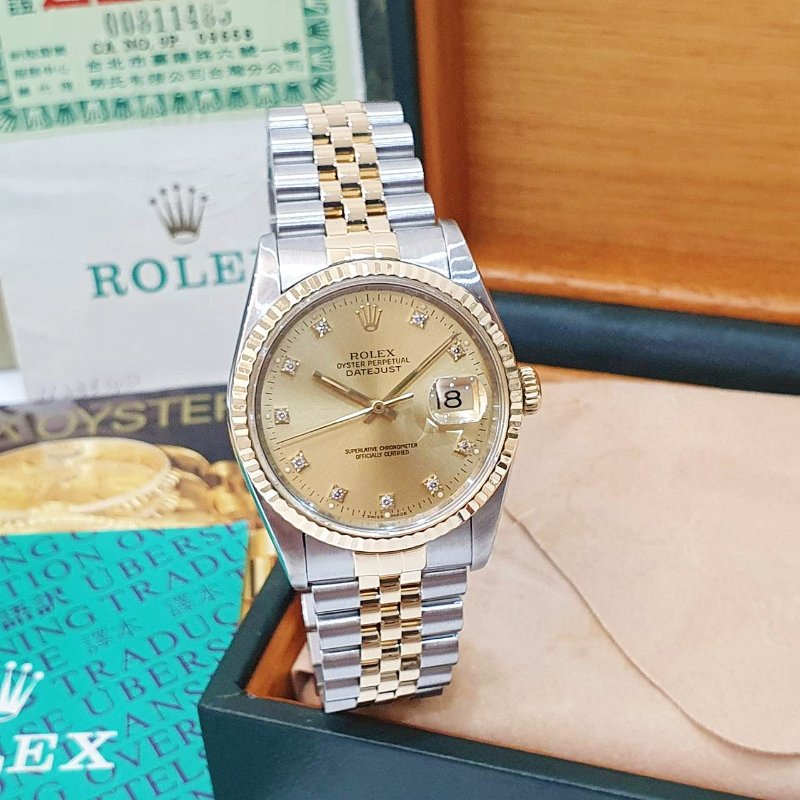 【大眾名錶】 Rolex 勞力士16233 Datejust 蠔式日誌 經典太陽圈 金色十鑽面盤 大眾名錶B1314-1