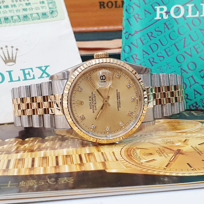 【大眾名錶】 Rolex 勞力士16233 Datejust 蠔式日誌 經典太陽圈 金色十鑽面盤 大眾名錶B1314-4