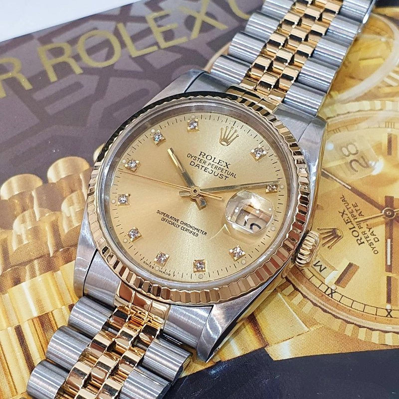 【大眾名錶】 Rolex 勞力士16233 Datejust 蠔式日誌 經典太陽圈 金色十鑽面盤 大眾名錶B1314-8