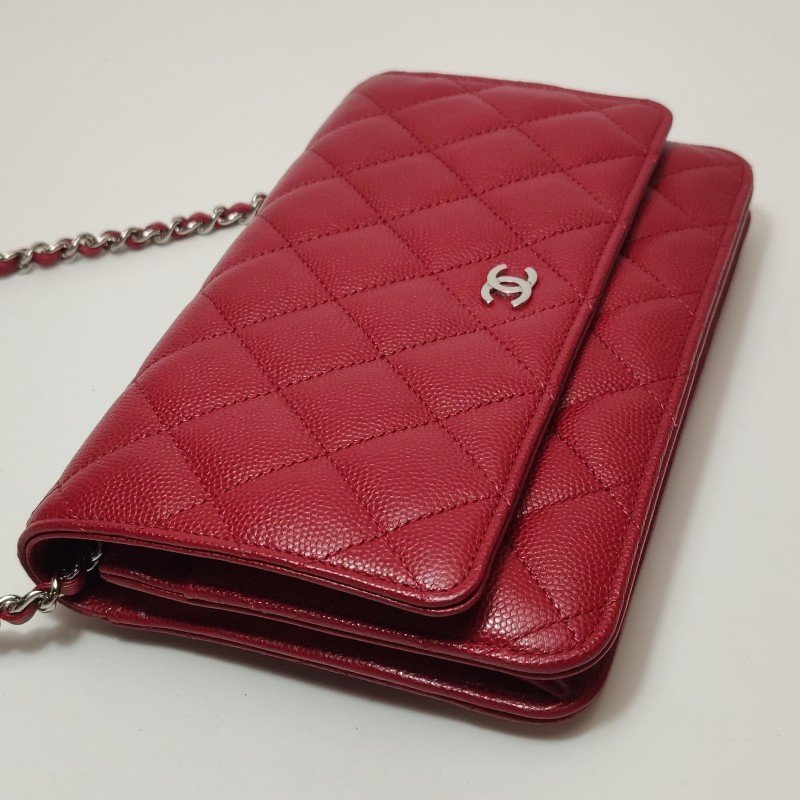 Chanel 牛皮純色菱格絎縫雙C標識woc斜背包單肩包-17