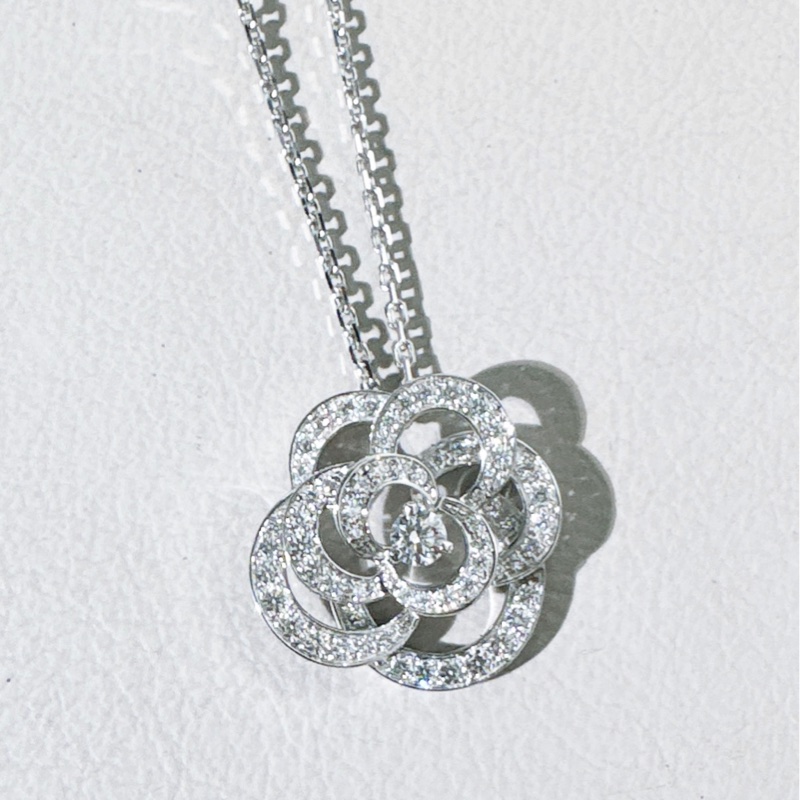 Chanel香奈兒 FIL DE CAMÉLIA系列 白金滿鑽山茶花項鍊-5