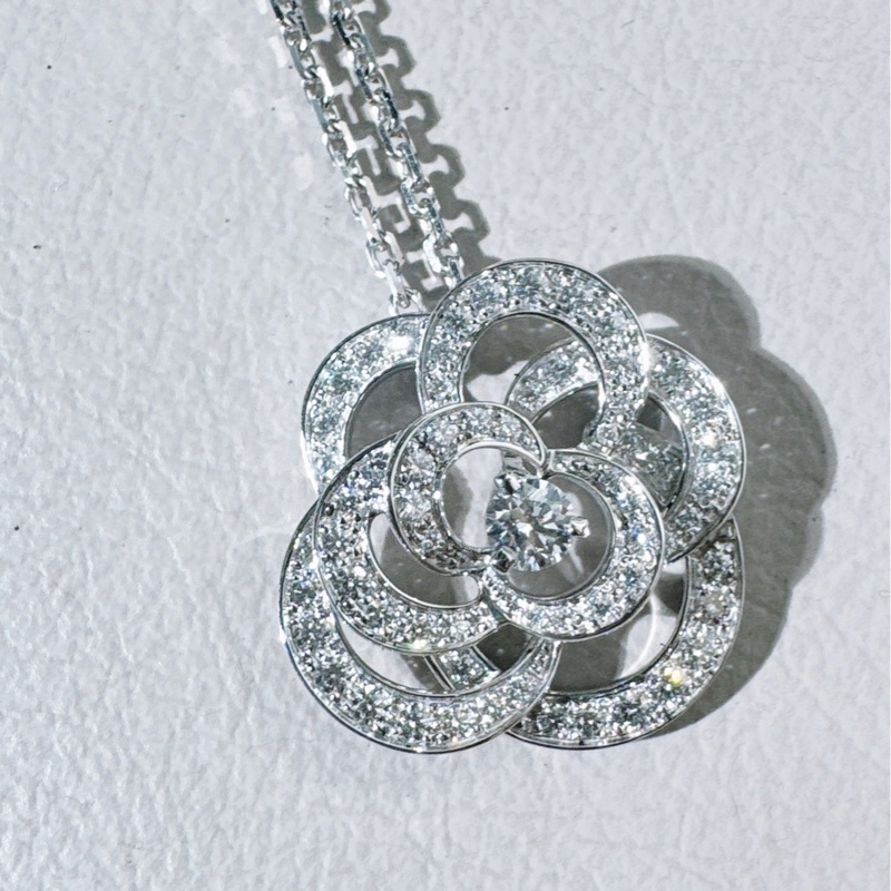 Chanel香奈兒 FIL DE CAMÉLIA系列 白金滿鑽山茶花項鍊-7