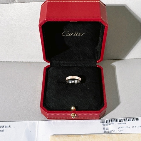 Cartier 卡地亞 love系列 白金拼玫瑰金六鑽雙色雙環戒指，49 號