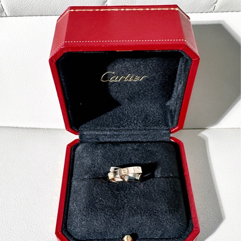 Cartier 卡地亞 love系列 白金拼玫瑰金六鑽雙色雙環戒指，49 號-1