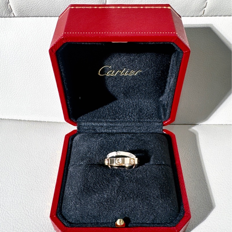 Cartier 卡地亞 love系列 白金拼玫瑰金六鑽雙色雙環戒指，49 號-2