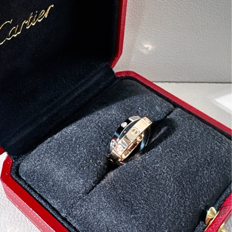 Cartier 卡地亞 love系列 白金拼玫瑰金六鑽雙色雙環戒指，49 號-3