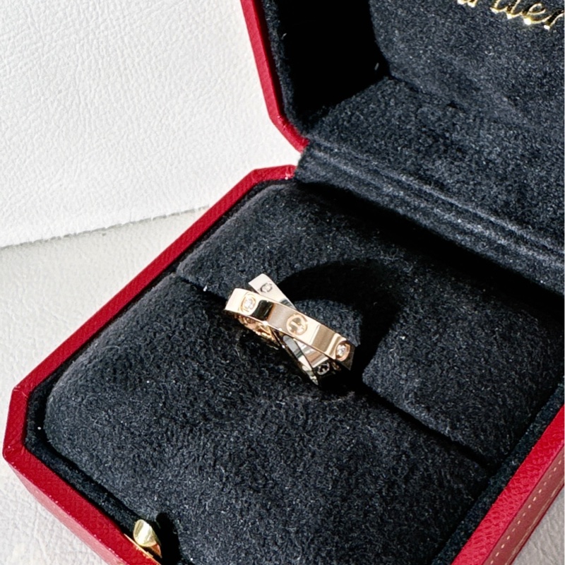 Cartier 卡地亞 love系列 白金拼玫瑰金六鑽雙色雙環戒指，49 號-4