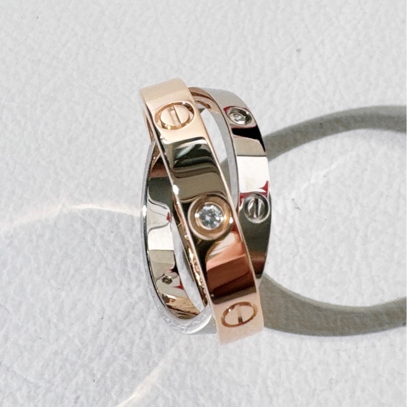 Cartier 卡地亞 love系列 白金拼玫瑰金六鑽雙色雙環戒指，49 號-5