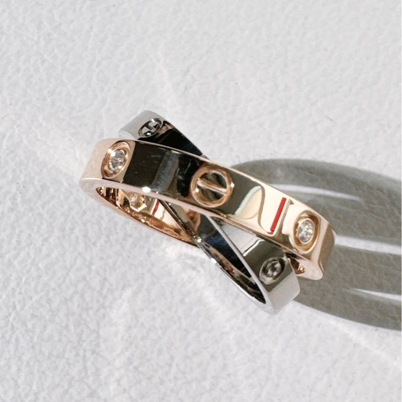 Cartier 卡地亞 love系列 白金拼玫瑰金六鑽雙色雙環戒指，49 號-6