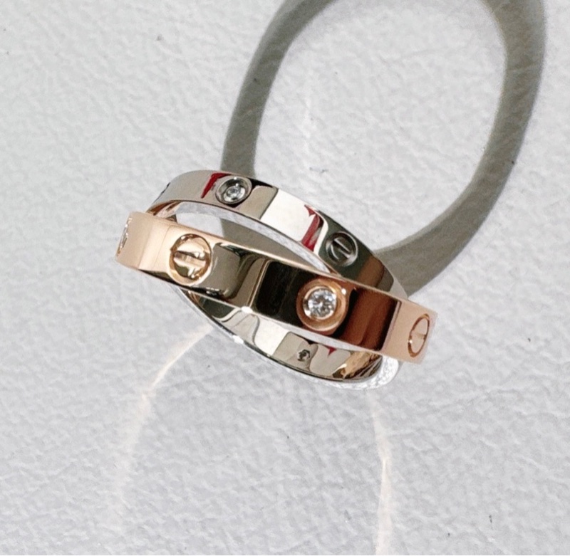 Cartier 卡地亞 love系列 白金拼玫瑰金六鑽雙色雙環戒指，49 號-7