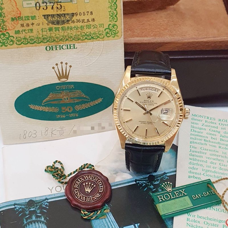 【大眾名錶】 Rolex 勞力士1803 Day-Date 蠔式18K金 老勞 金色T柱面盤 原廠錶扣 大眾名錶G292-1