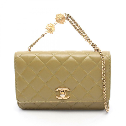 香奈兒 (CHANEL) 絎縫鏈條肩背斜背包，卡其色皮革，金色五金，二手 CC