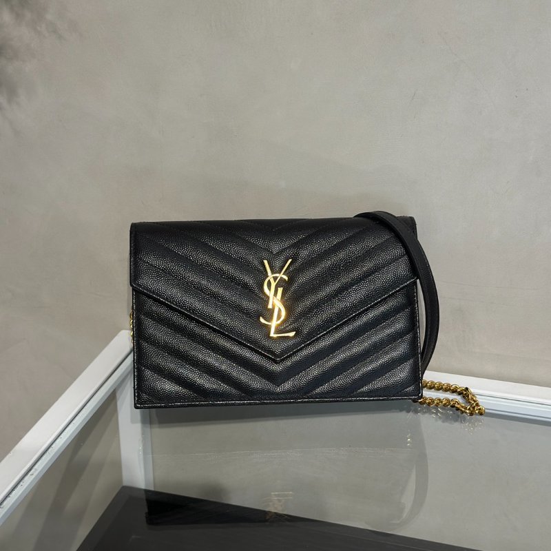 YSL 經典V紋粒面牛皮WOC - 19 黑金-0