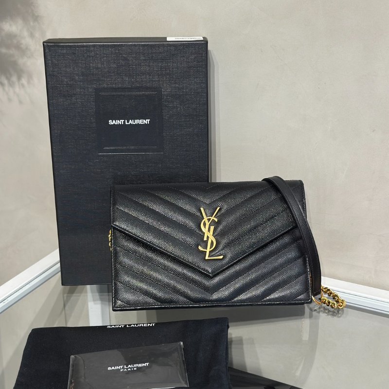 YSL 經典V紋粒面牛皮WOC - 19 黑金-11