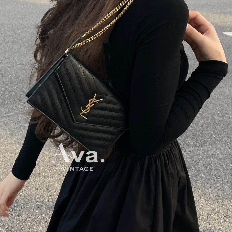 YSL 經典V紋粒面牛皮WOC - 19 黑金-12