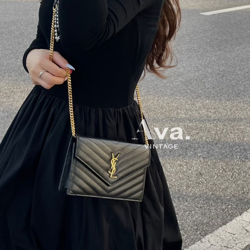 YSL 經典V紋粒面牛皮WOC - 19 黑金-13