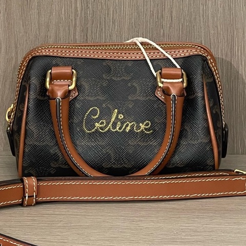 Celine賽琳凱旋門刺繡logo mini波士頓兩用包 底14.5
