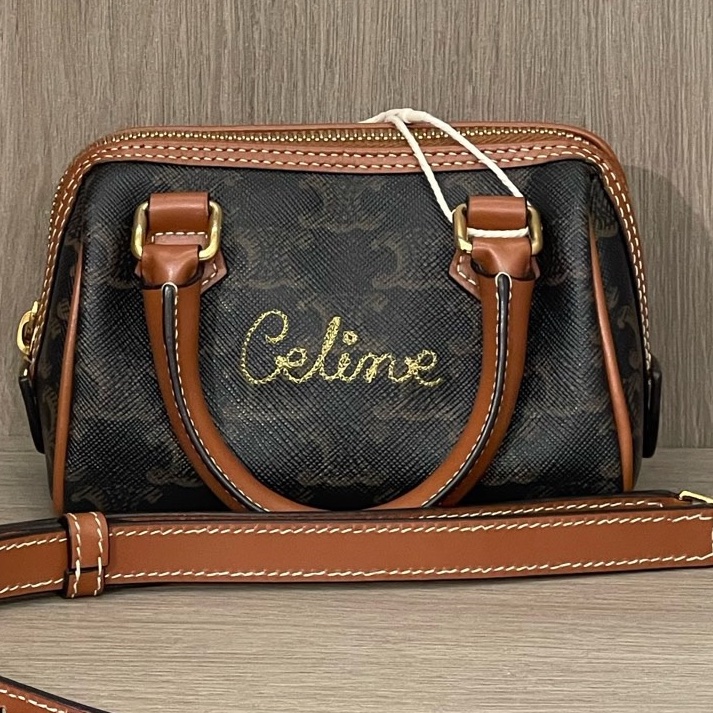 Celine賽琳凱旋門刺繡logo mini波士頓兩用包 底14.5-0