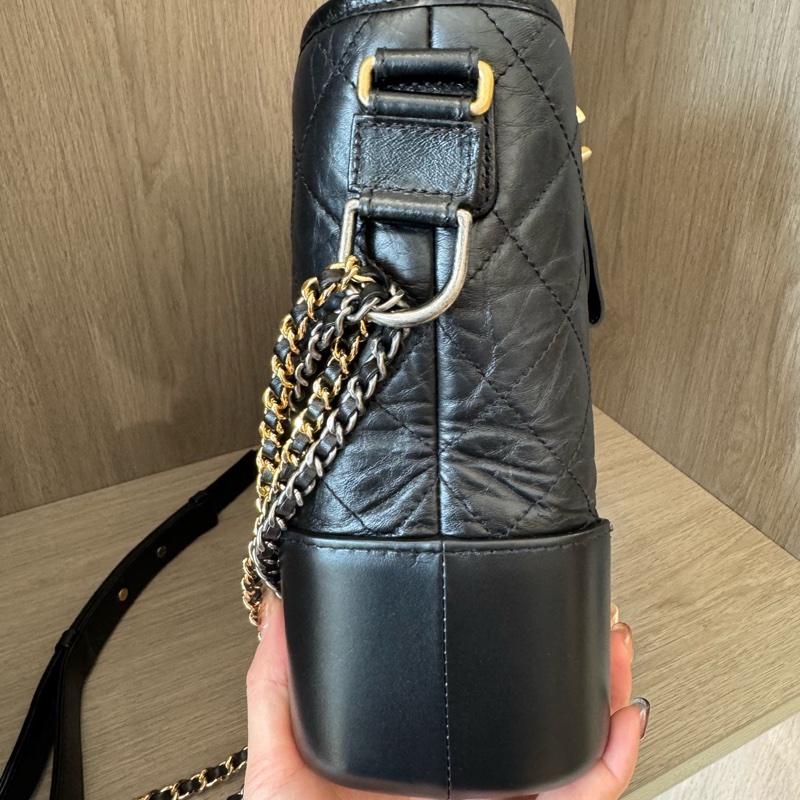 CHANEL香奈兒黑色菱格紋流浪包鏈條包單肩斜挎包 27開 底長28。-3