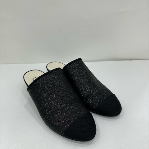 Chanel/香奈兒 黑色細閃粗跟拖鞋 37碼