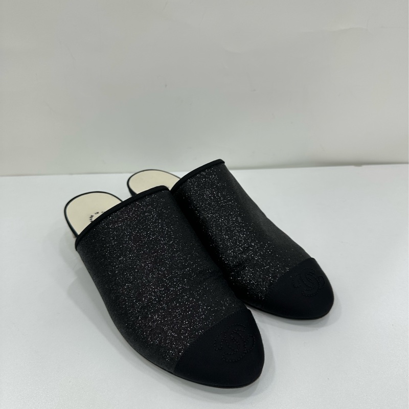 Chanel/香奈兒 黑色細閃粗跟拖鞋 37碼-0