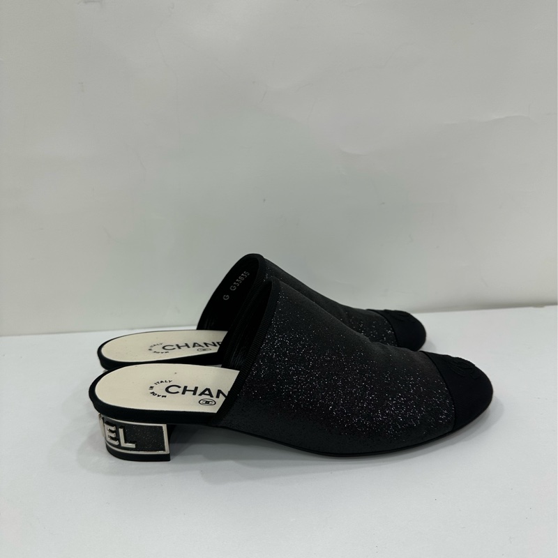 Chanel/香奈兒 黑色細閃粗跟拖鞋 37碼-1