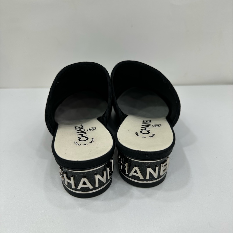 Chanel/香奈兒 黑色細閃粗跟拖鞋 37碼-3