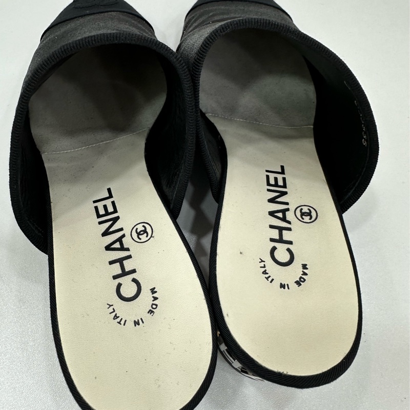 Chanel/香奈兒 黑色細閃粗跟拖鞋 37碼-4