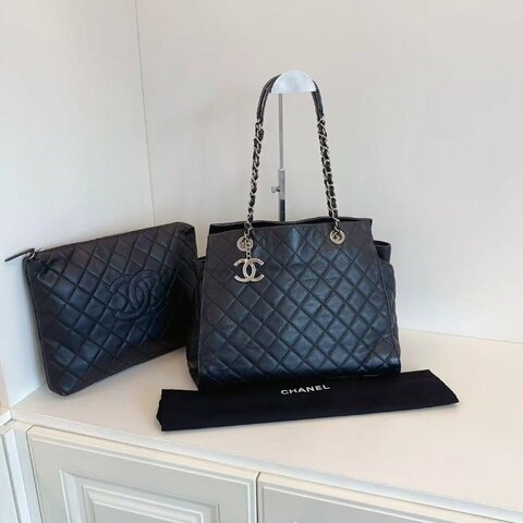 香奈兒/Chanel 黑銀菱格牛皮 雙C吊墜子母Tote