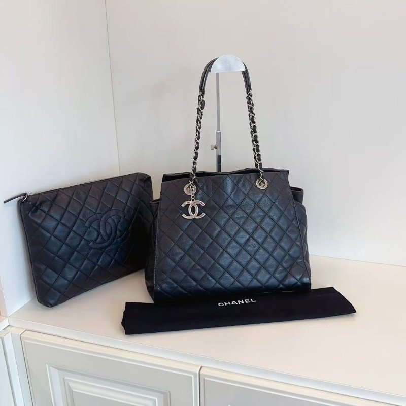 香奈兒/Chanel 黑銀菱格牛皮 雙C吊墜子母Tote-0